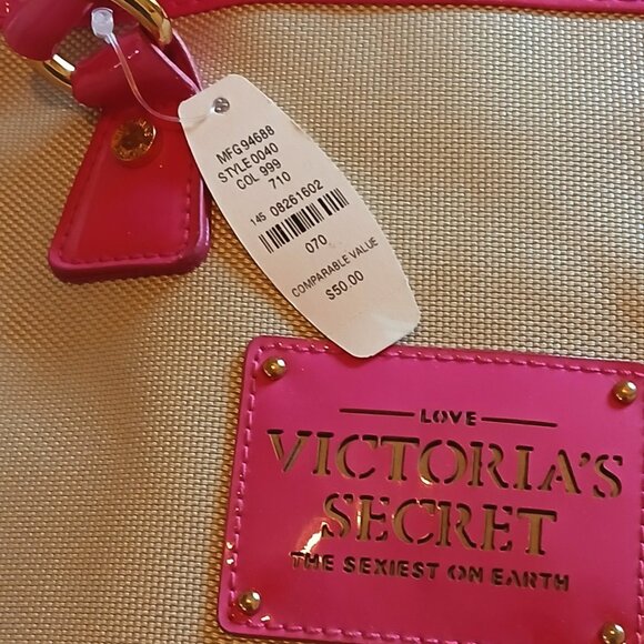 NWT Victoria Secret Cream & Barbie Pink Zippered Handbag - Picture 2 of 11